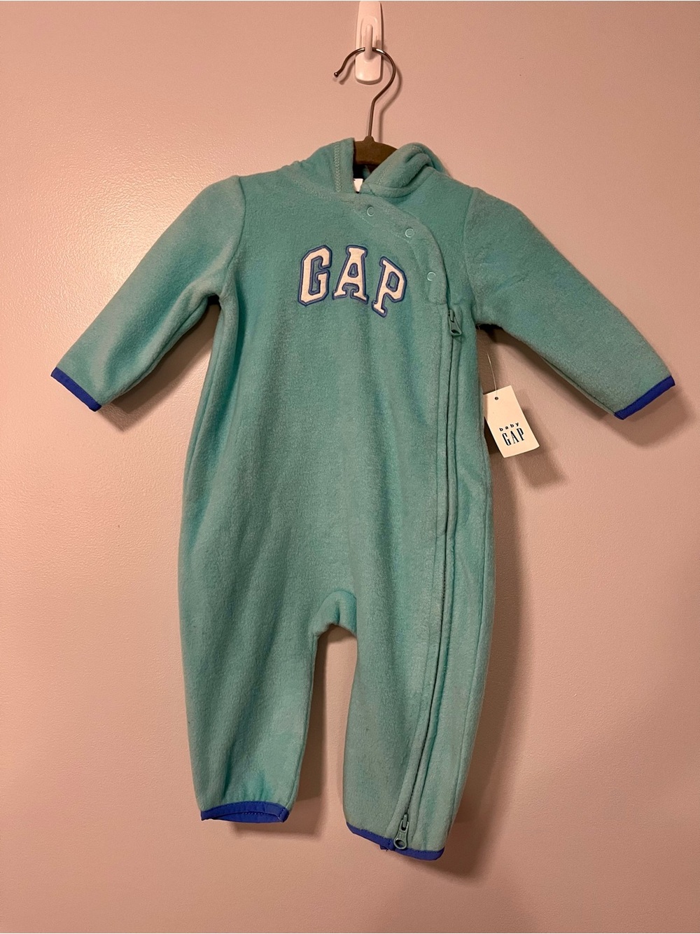 GAP Teal Fleece Hooded Infant One-Piece with Logo